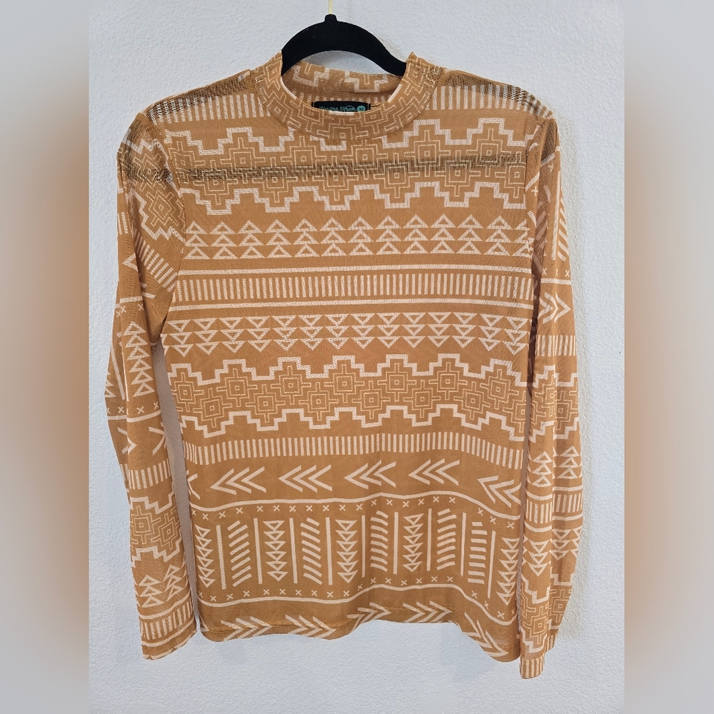 Sterling Kreek Sunrise Mountain Mesh Long Sleeve Western Top Mustard Sz Medium - Picture 4 of 9